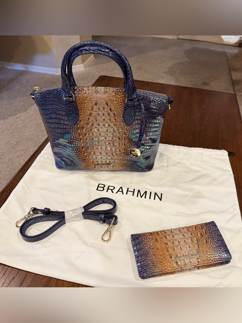 Brahmin Iridescent Bluestone Ombr Leather Duxbury Satchel With New Ady Wallet